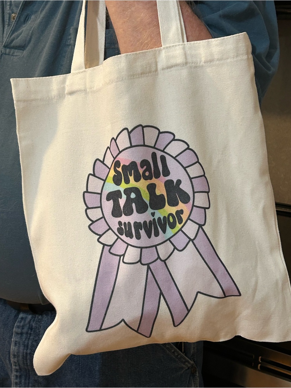 Canvas Tote Bag with 'Small Talk Survivor' Lilac Ribbon Print